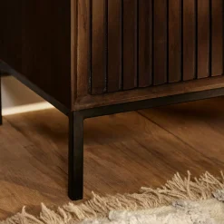 Meuble TV vintage bois brun 4 portes rainurées 210 cm CORTINA