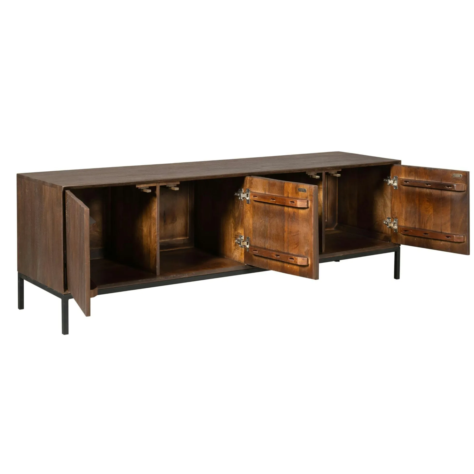 Meuble TV vintage bois brun 4 portes rainurées 165 cm CORTINA