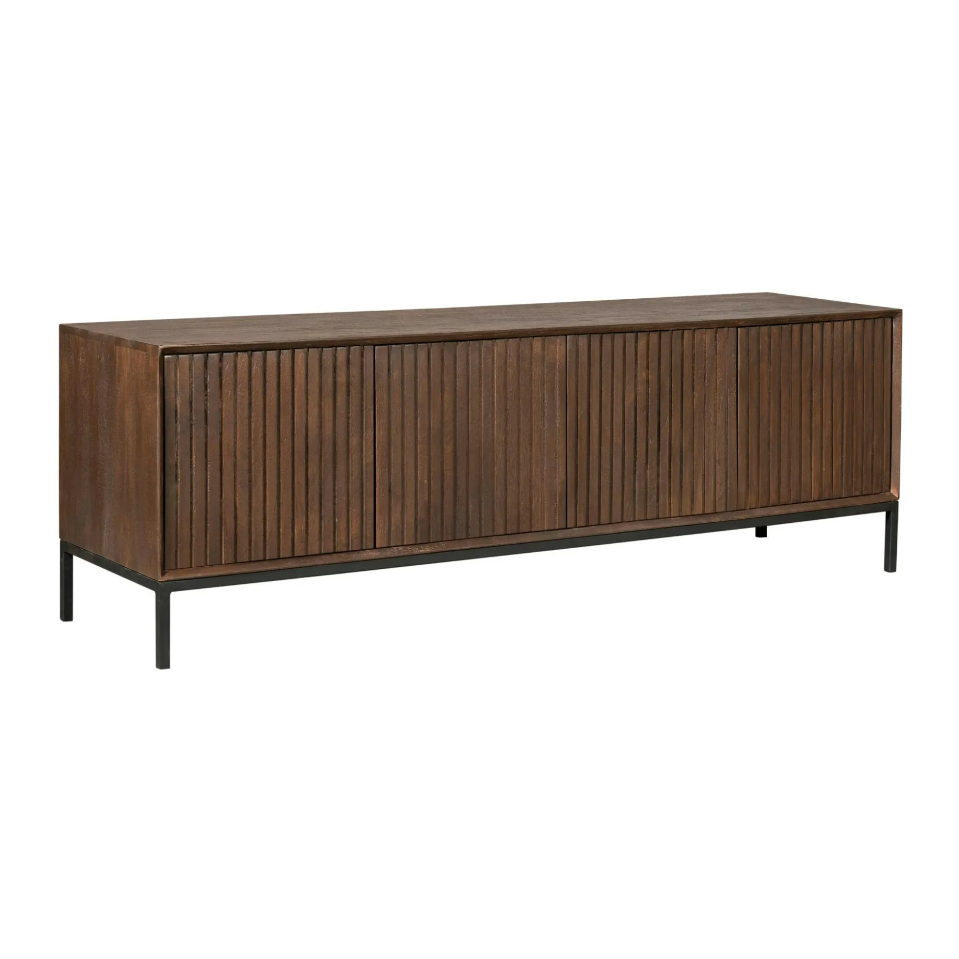 Meuble TV vintage bois brun 4 portes rainurées 165 cm CORTINA