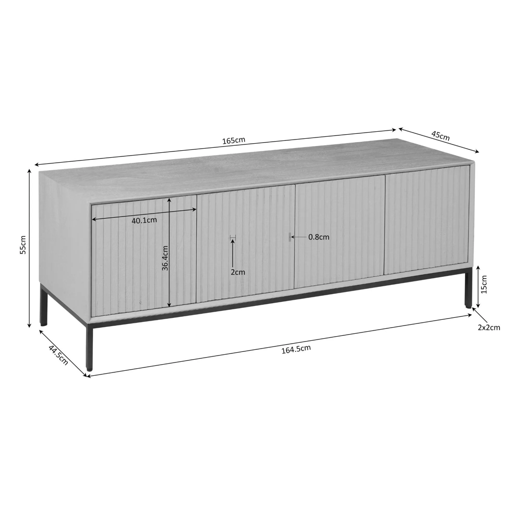 Meuble TV vintage bois brun 4 portes rainurées 165 cm CORTINA