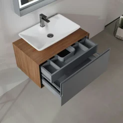 Meuble vasque blanc suspendu 80 cm décor bois foncé et anthracite 2 tiroirs RIA