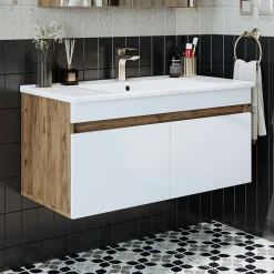 Meuble vasque 100 cm suspendu décor pin et blanc 2 portes AQUO