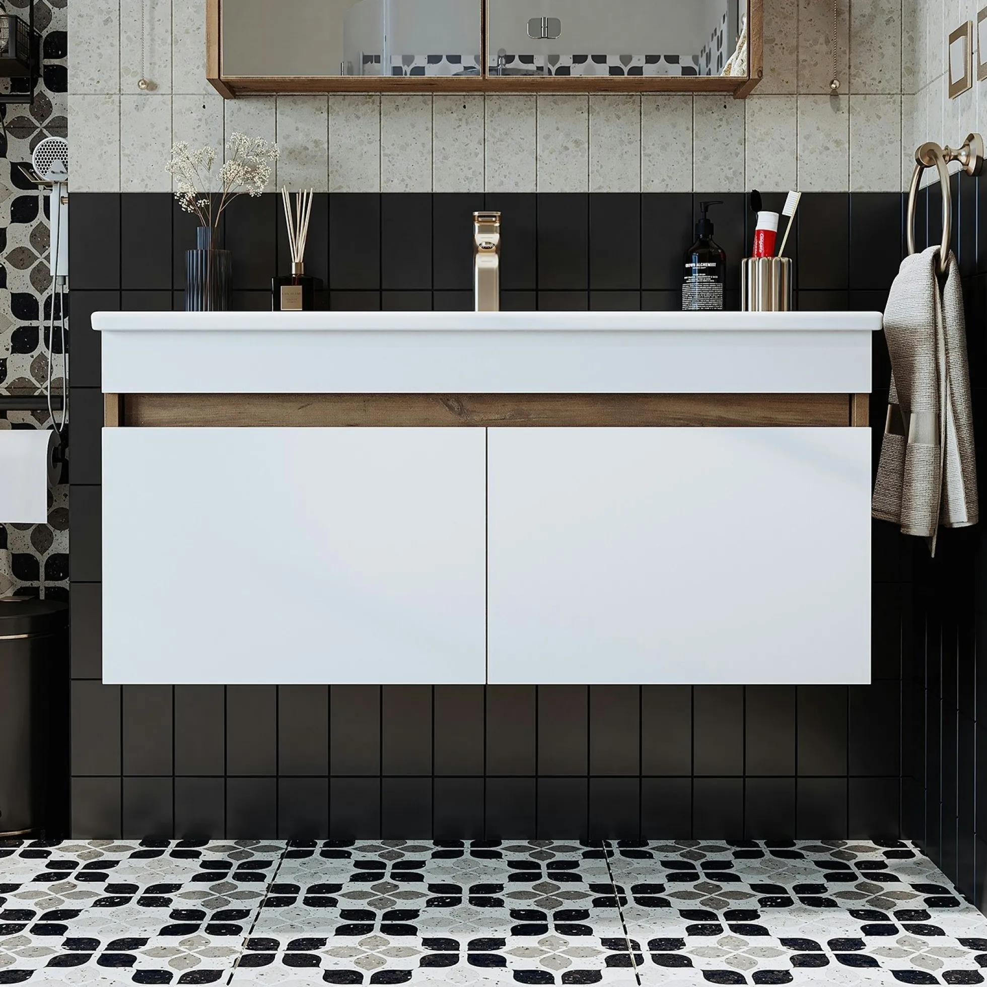 Meuble vasque 100 cm suspendu décor pin et blanc 2 portes AQUO