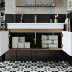 Meuble vasque 100 cm suspendu décor pin et blanc 2 portes AQUO