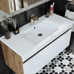Meuble vasque 100 cm suspendu décor pin et blanc 2 portes AQUO