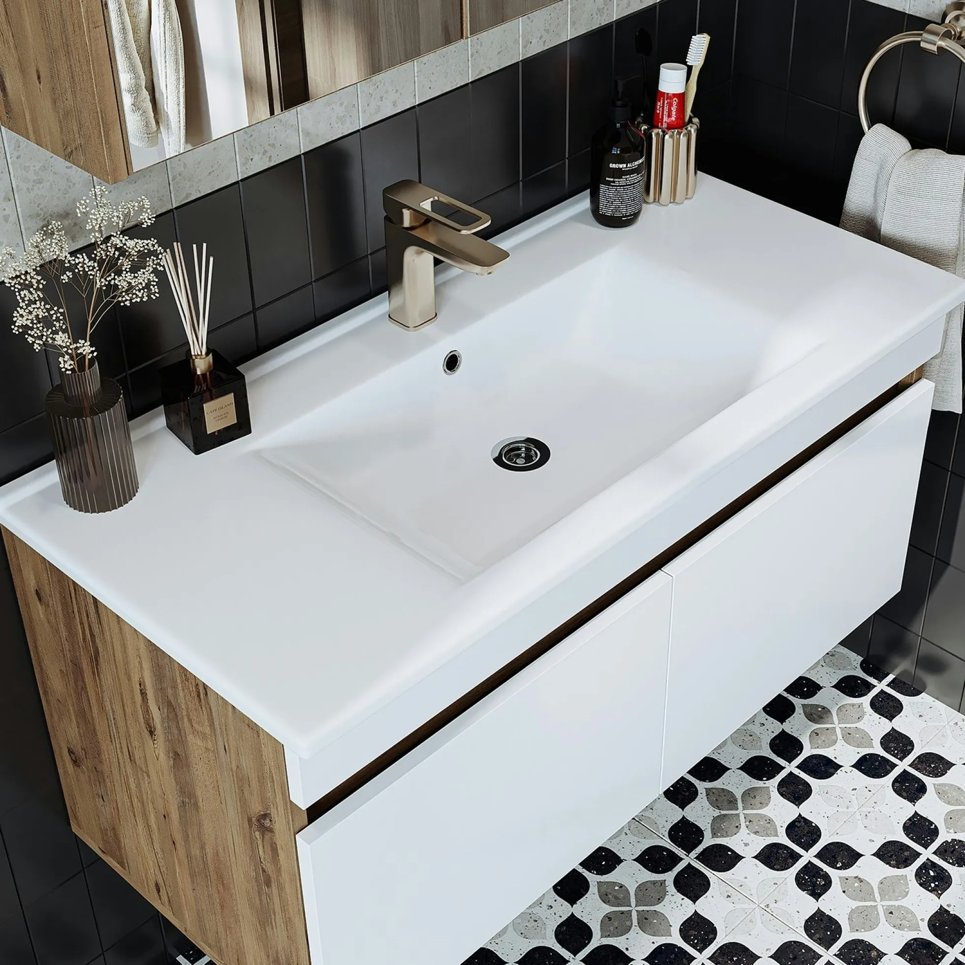 Meuble vasque 100 cm suspendu décor pin et blanc 2 portes AQUO