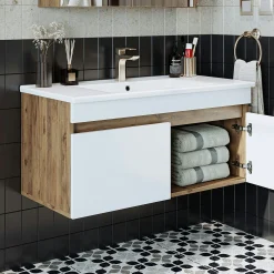 Meuble vasque 100 cm suspendu décor pin et blanc 2 portes AQUO