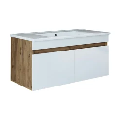 Meuble vasque 100 cm suspendu décor pin et blanc 2 portes AQUO