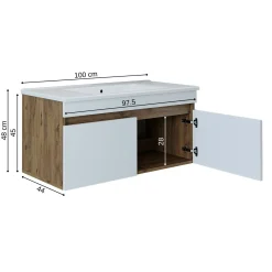 Meuble vasque 100 cm suspendu décor pin et blanc 2 portes AQUO