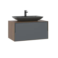 Meuble vasque gris suspendu 80 cm décor bois foncé et anthracite 2 tiroirs RIA