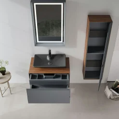 Meuble vasque gris suspendu 80 cm décor bois foncé et anthracite 2 tiroirs RIA