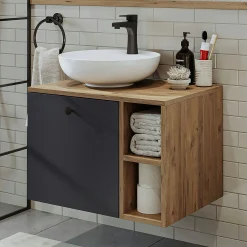 Meuble vasque rond décor pin et gris 1 tiroir RAI