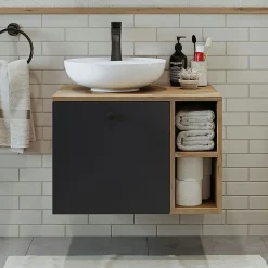 Meuble vasque rond décor pin et gris 1 tiroir RAI