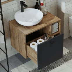 Meuble vasque rond décor pin et gris 1 tiroir RAI