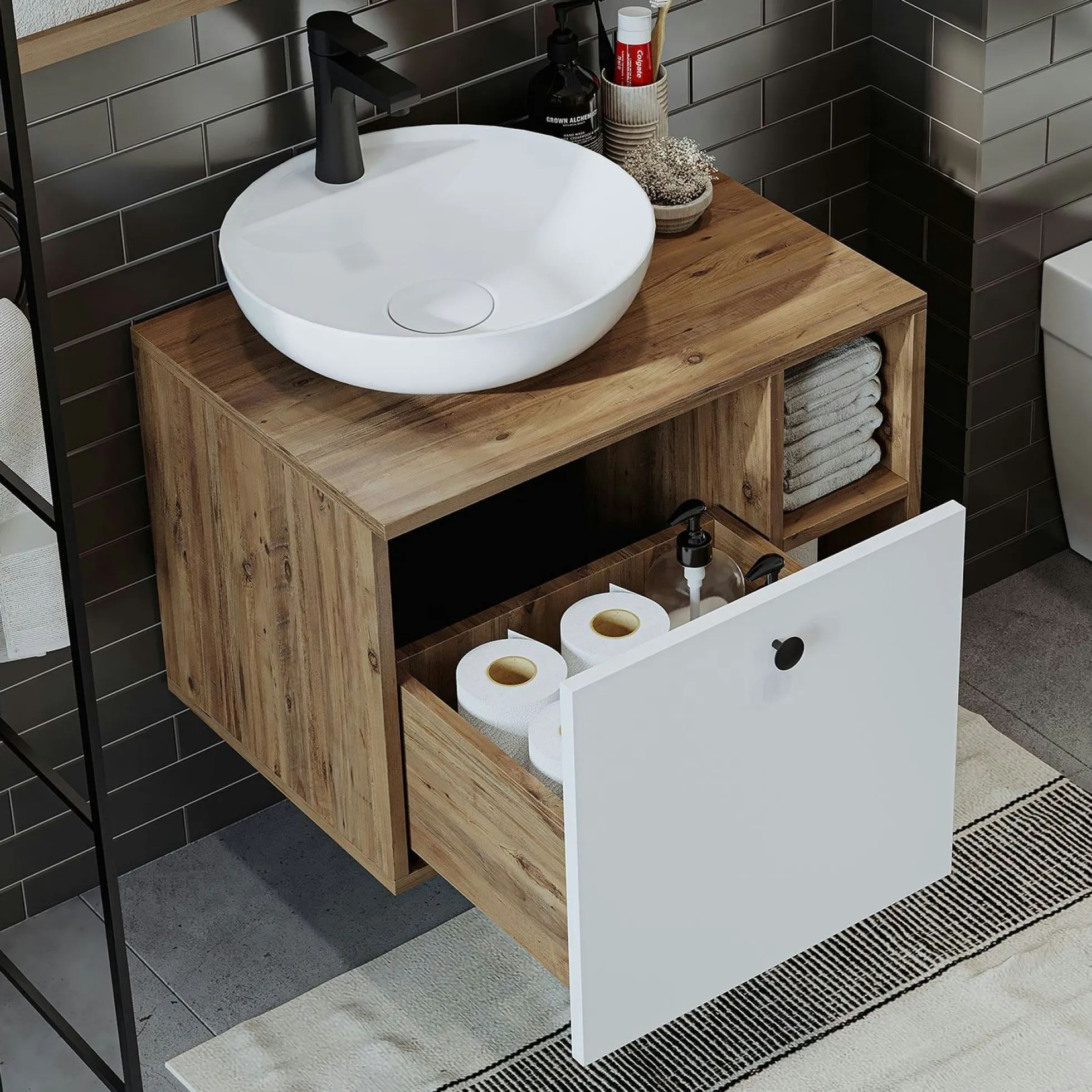 Meuble vasque rond décor pin et blanc 1 tiroir RAI