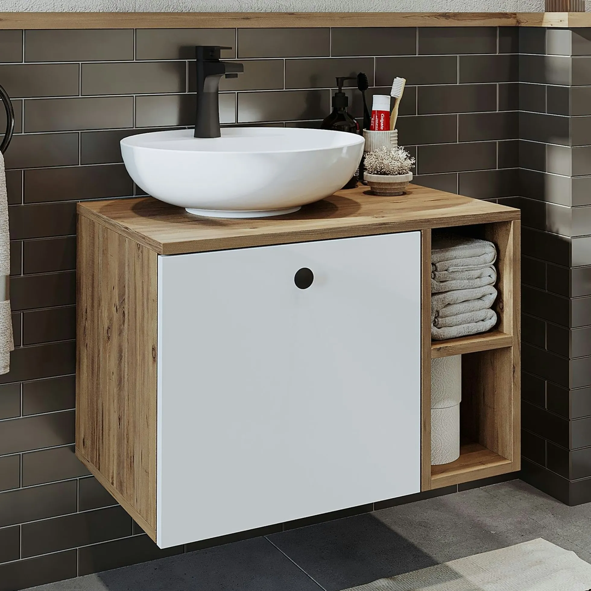 Meuble vasque rond décor pin et blanc 1 tiroir RAI