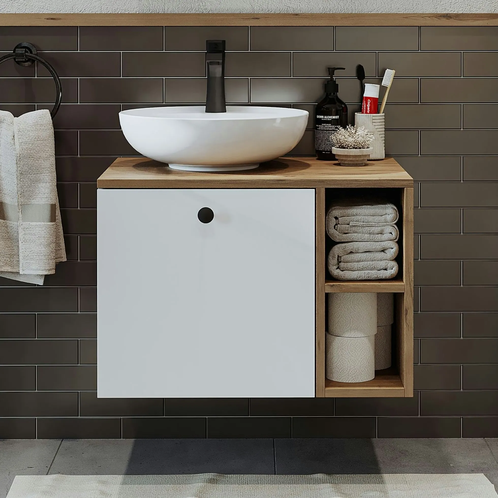 Meuble vasque rond décor pin et blanc 1 tiroir RAI