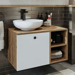 Meuble vasque rond décor pin et blanc 1 tiroir TIMA