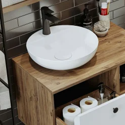 Meuble vasque rond décor pin et blanc 1 tiroir TIMA