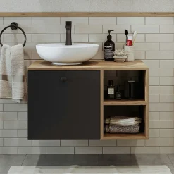 Meuble vasque rond décor pin et gris 1 tiroir TIMA