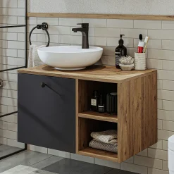 Meuble vasque rond décor pin et gris 1 tiroir TIMA