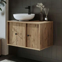 Meuble vasque rond décor pin 1 tiroir 1 porte EBE