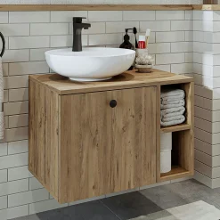 Meuble vasque rond décor pin 1 tiroir RAI