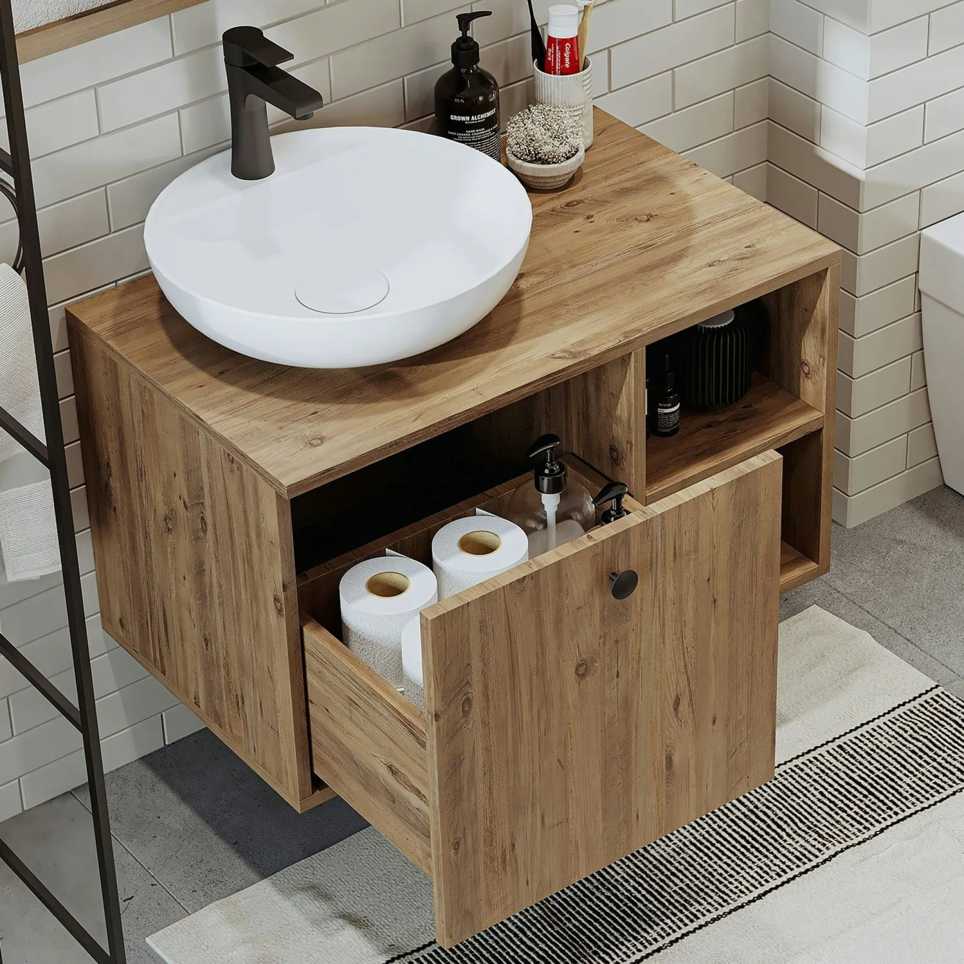 Meuble vasque rond décor pin 1 tiroir TIMA
