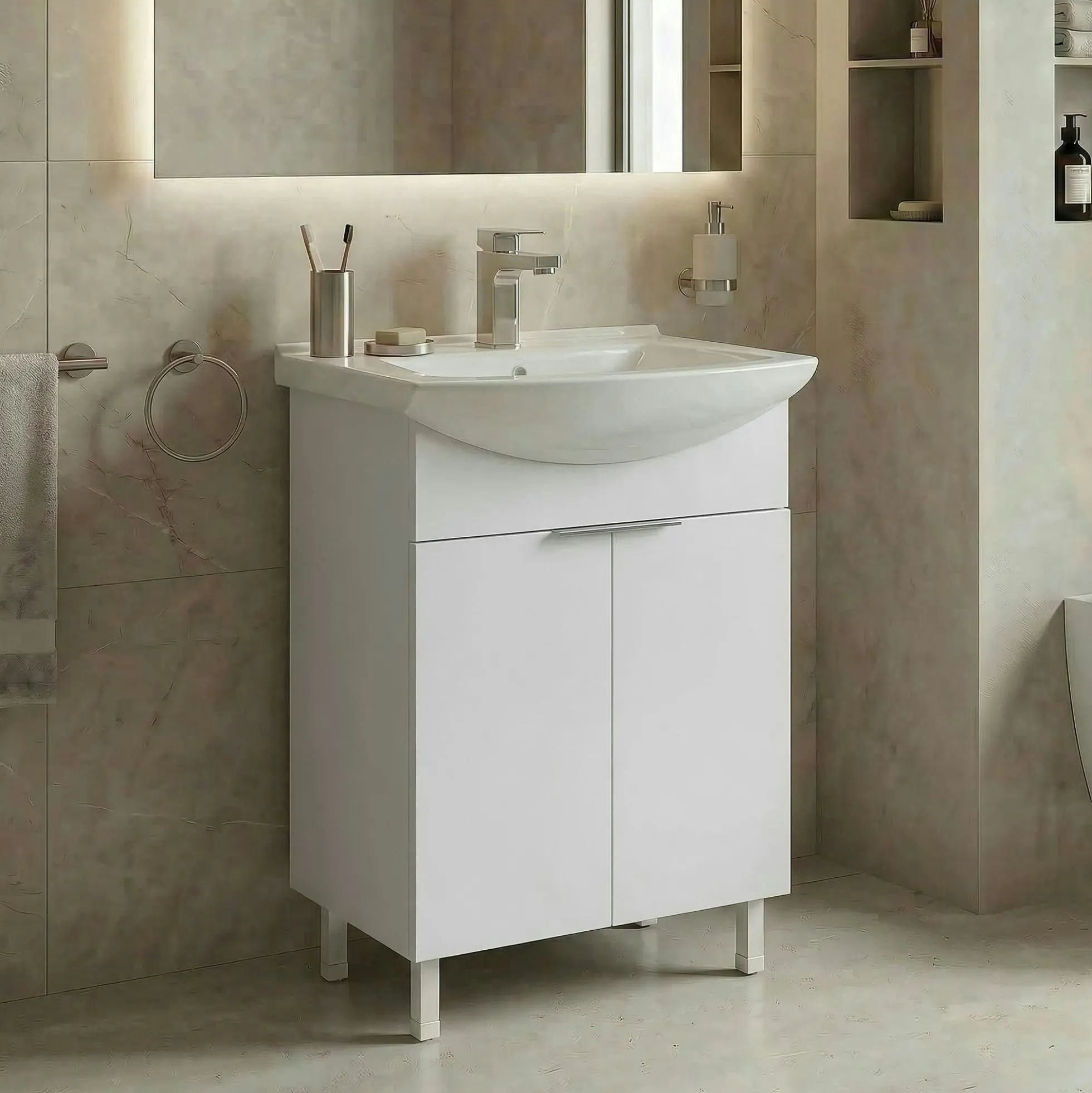 Meuble vasque salle de bains 55 cm blanc 2 portes UMI