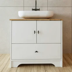 Meuble vasque salle de bains 80 cm blanc 2 portes 1 tiroir DOUNA