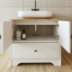 Meuble vasque salle de bains 80 cm blanc 2 portes 1 tiroir DOUNA