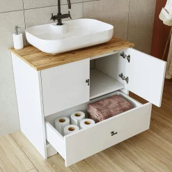 Meuble vasque salle de bains 80 cm blanc 2 portes 1 tiroir DOUNA