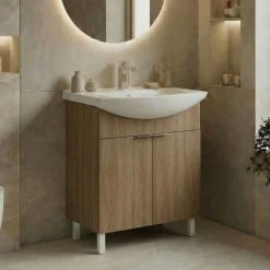 Meuble vasque salle de bains 65 cm décor chêne 2 portes UMI