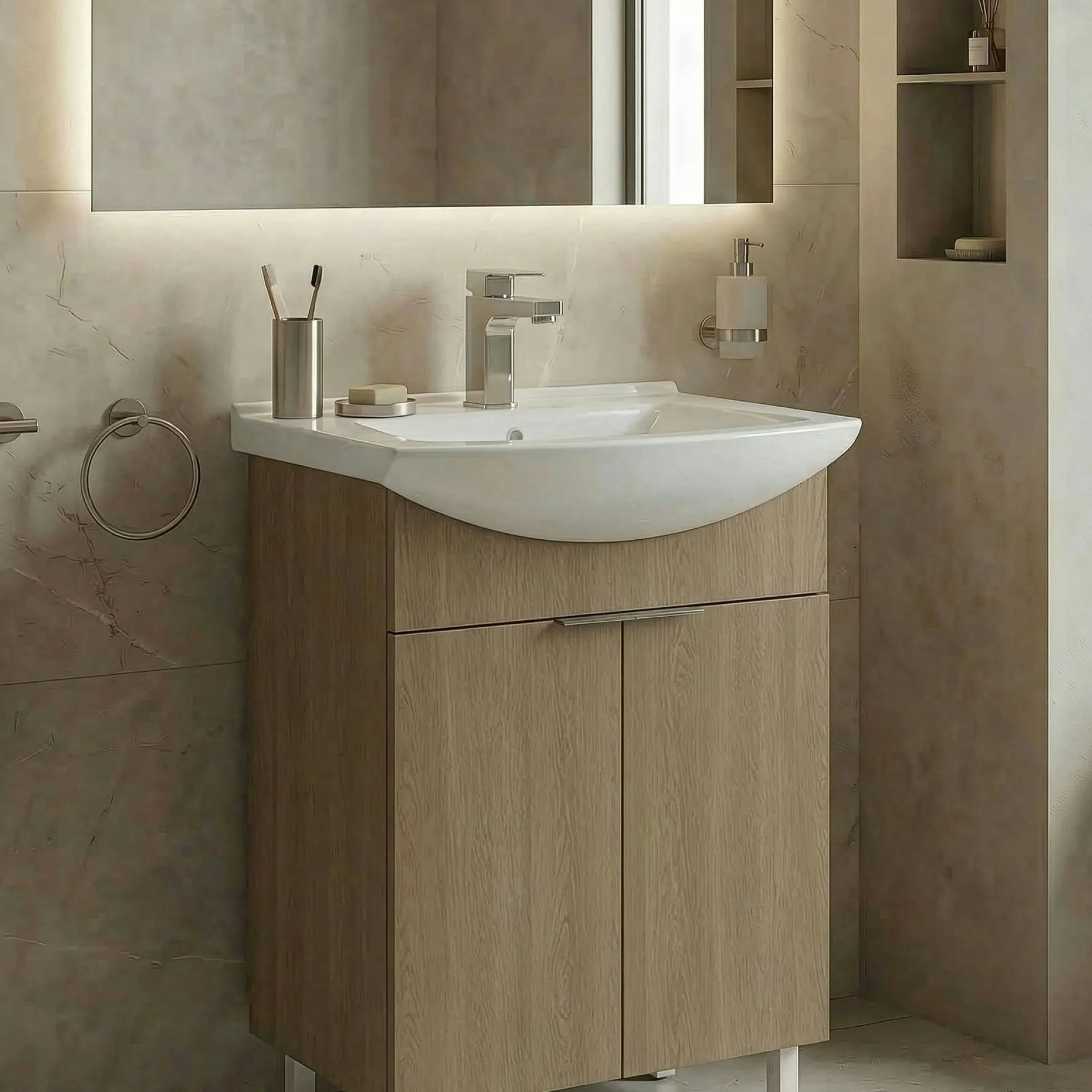 Meuble vasque salle de bains 55 cm décor chêne 2 portes UMI