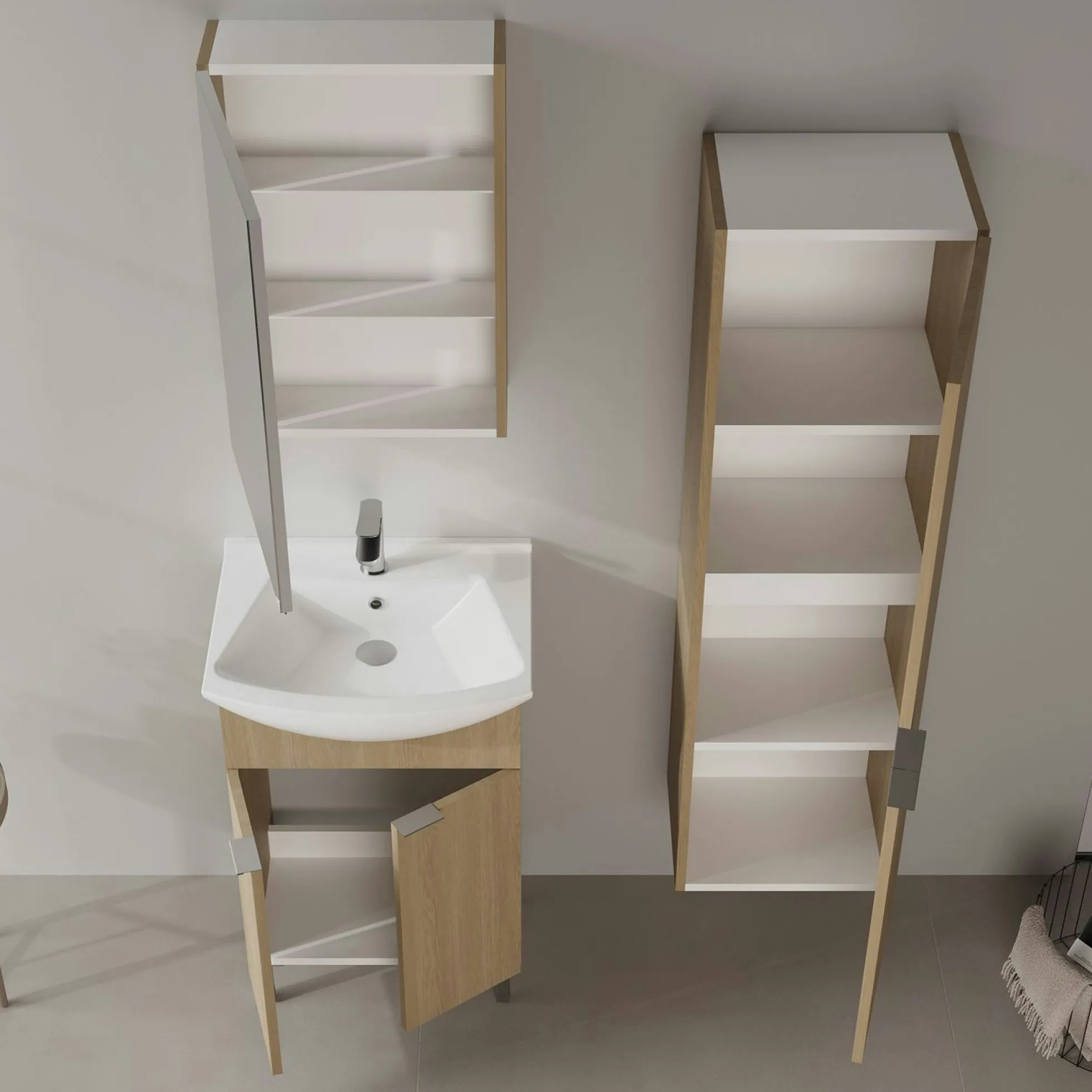 Meuble vasque salle de bains 55 cm décor chêne 2 portes UMI