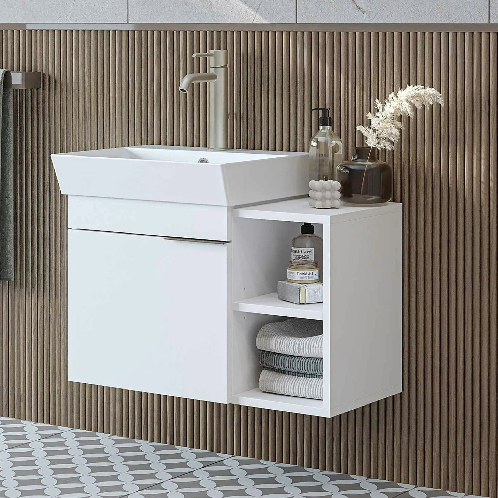 Meuble vasque suspendu blanc 1 porte 2 niches NORIA