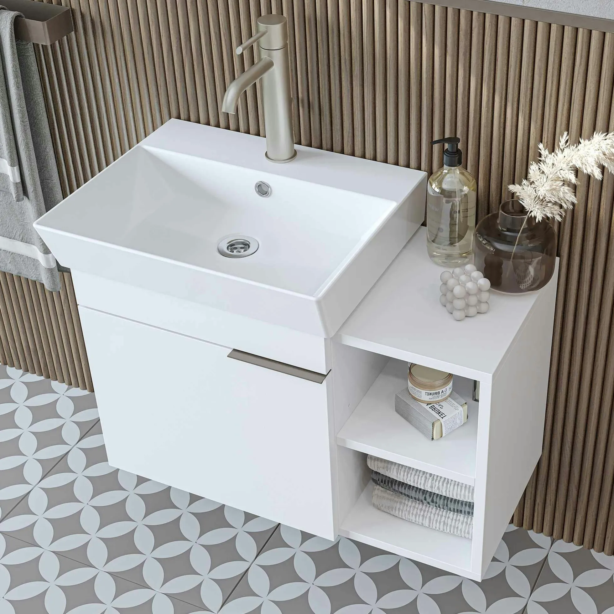 Meuble vasque suspendu blanc 1 porte 2 niches NORIA