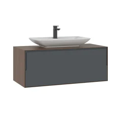 Meuble vasque suspendu blanc 100 cm anthracite et décor noyer 2 tiroirs RIA