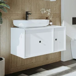 Meuble vasque suspendu blanc 1 tiroir 1 porte RILL