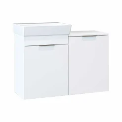 Meuble vasque suspendu blanc avec panier à linge NESSA