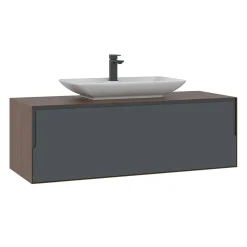 Meuble vasque suspendu blanc 120 cm anthracite et décor noyer 2 tiroirs RIA