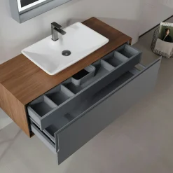 Meuble vasque suspendu blanc 120 cm anthracite et décor noyer 2 tiroirs RIA