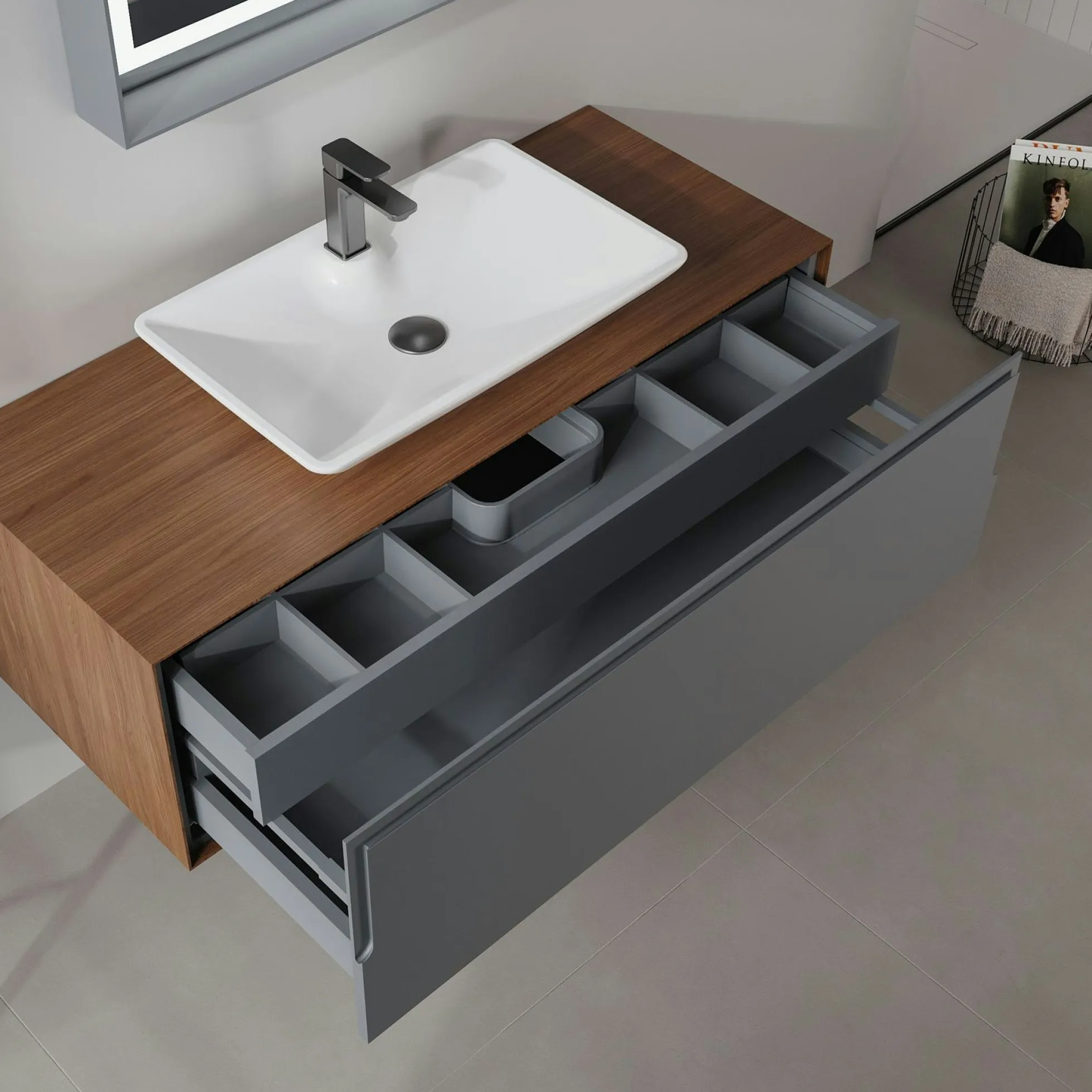 Meuble vasque suspendu blanc 120 cm anthracite et décor noyer 2 tiroirs RIA