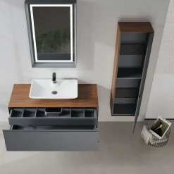 Meuble vasque suspendu blanc 120 cm anthracite et décor noyer 2 tiroirs RIA