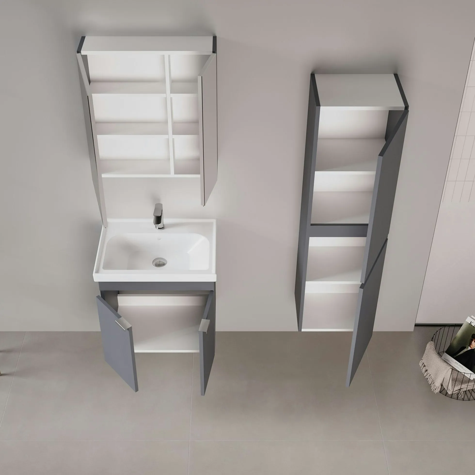 Meuble vasque suspendu 60 cm anthracite 2 portes NEA