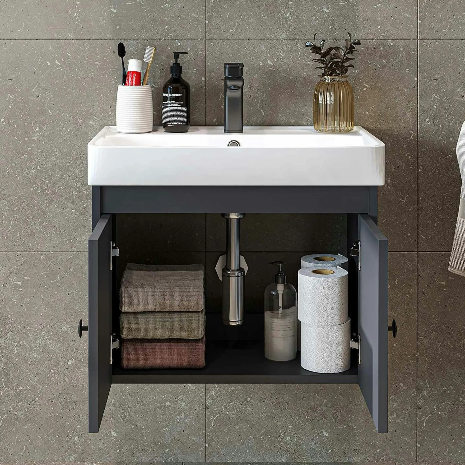 Meuble vasque suspendu 60 cm anthracite 2 portes JUSA