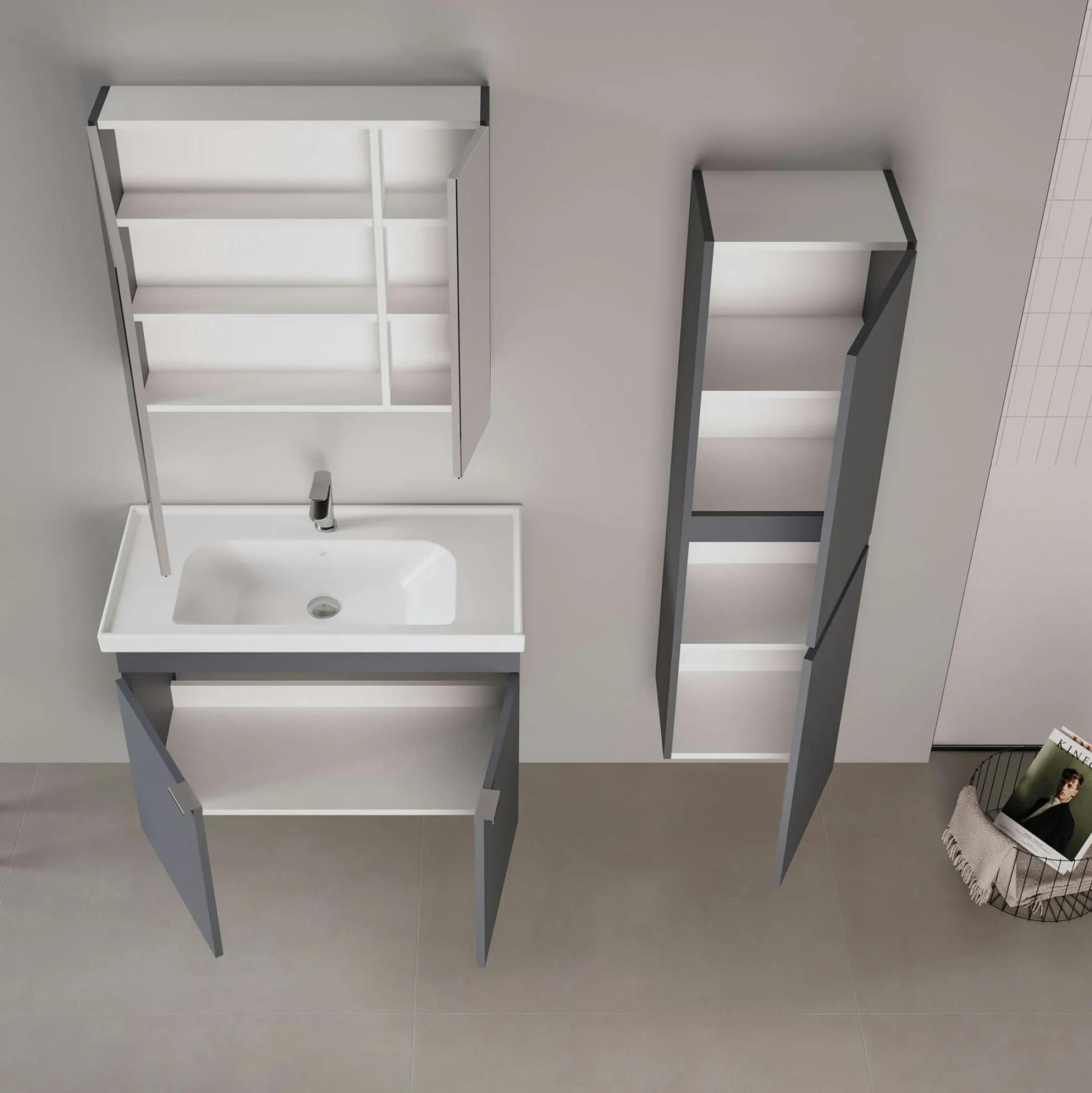 Meuble vasque suspendu 90 cm anthracite 2 portes NEA