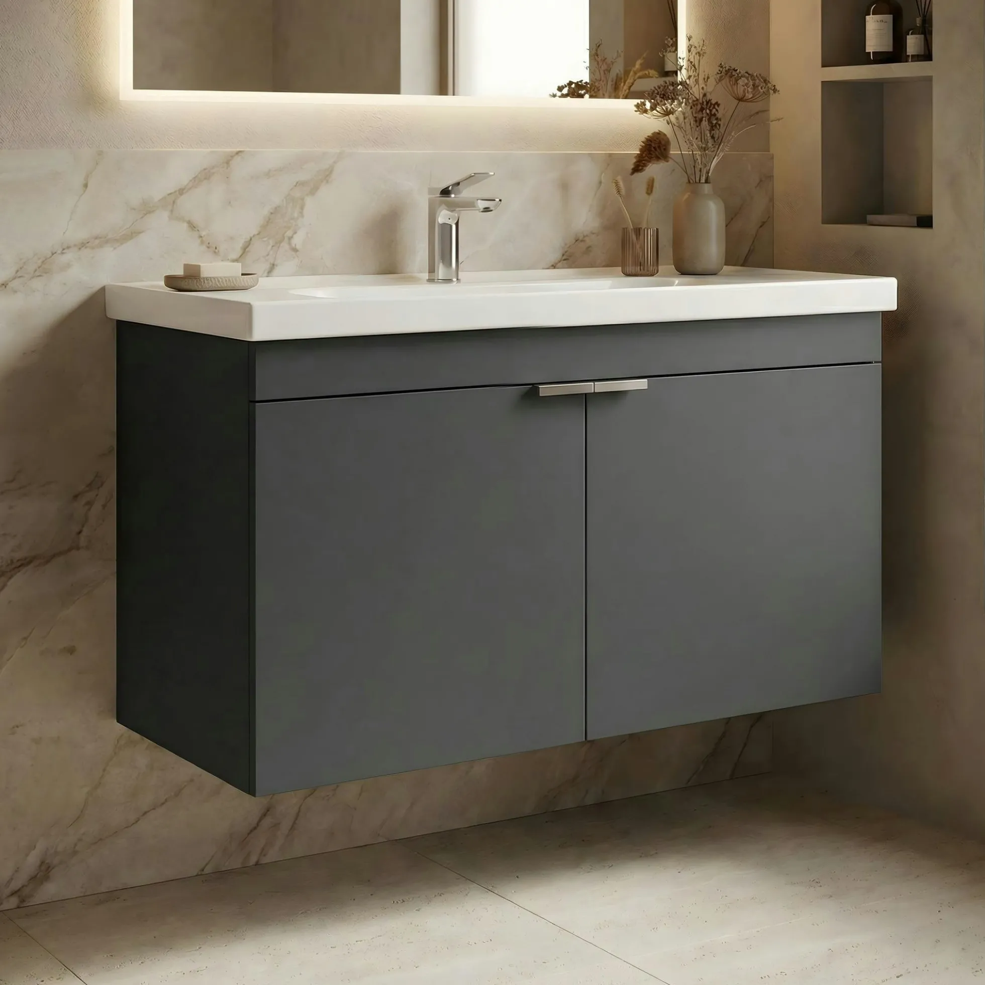 Meuble vasque suspendu 90 cm anthracite 2 portes NEA