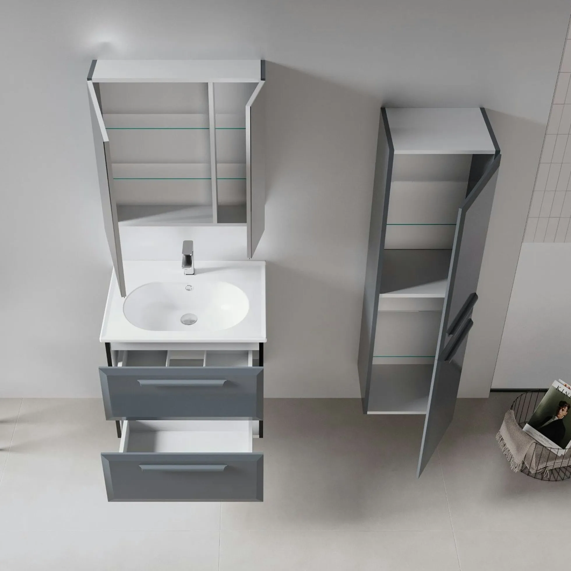 Meuble vasque suspendu 65 cm anthracite 2 tiroirs NEREE