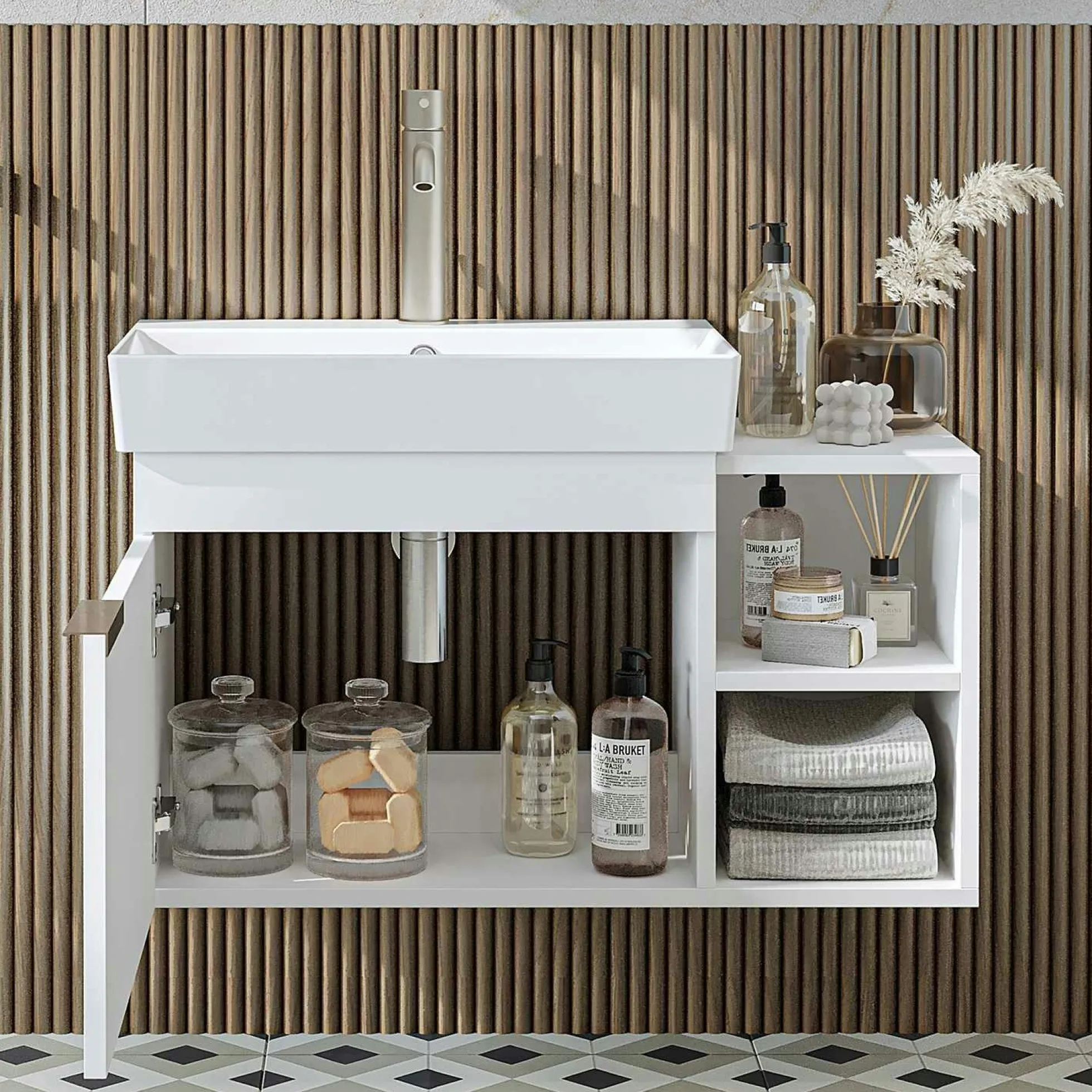 Meuble vasque suspendu 82 cm blanc 1 porte 2 niches NORIA